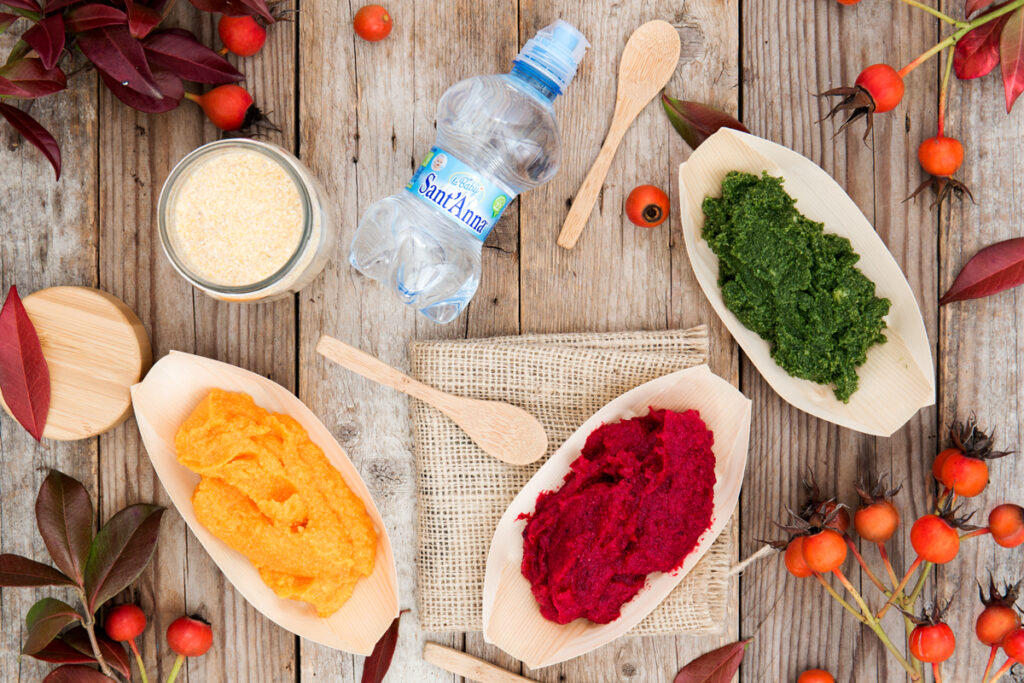 Tris di polenta colorata con acqua sant'anna baby