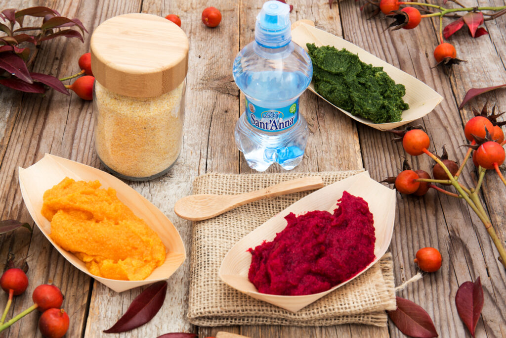 Tris di polenta colorata con acqua sant'anna baby